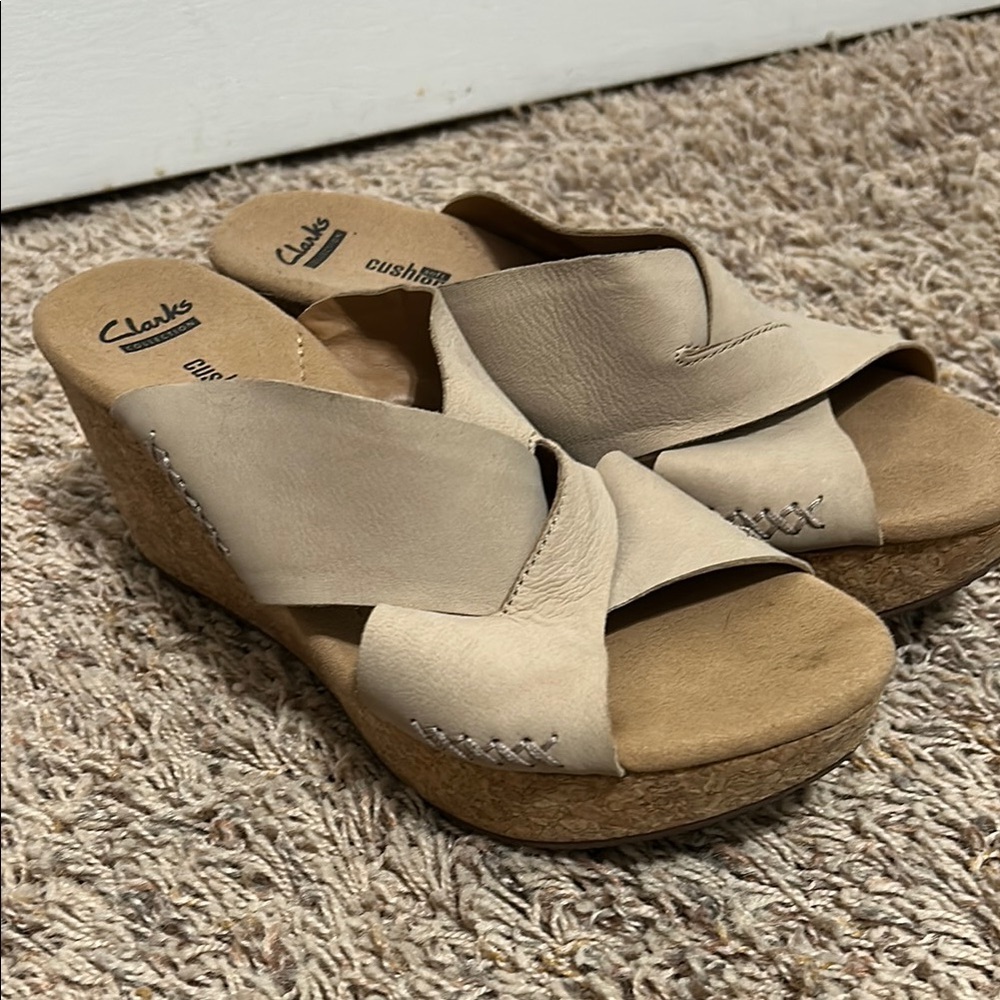 Clarks Tan Suede Wedges with Minimalist Design